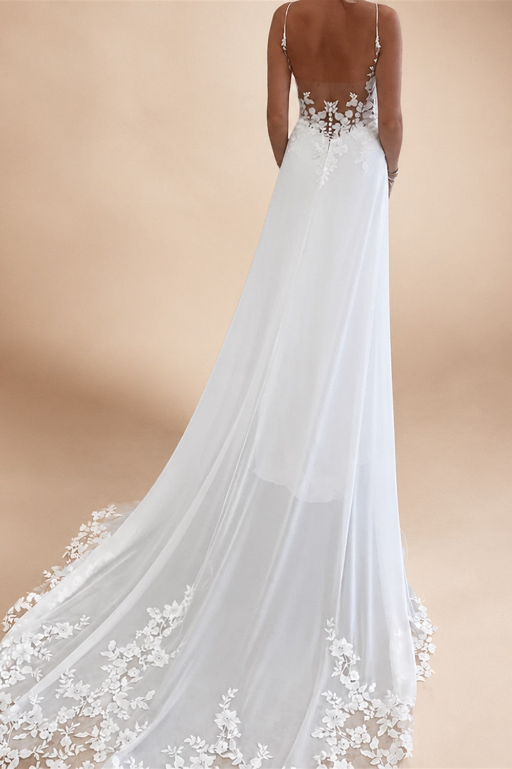Boho Beach A Line Chiffon Wedding Dress With V Neck And Spaghetti Straps