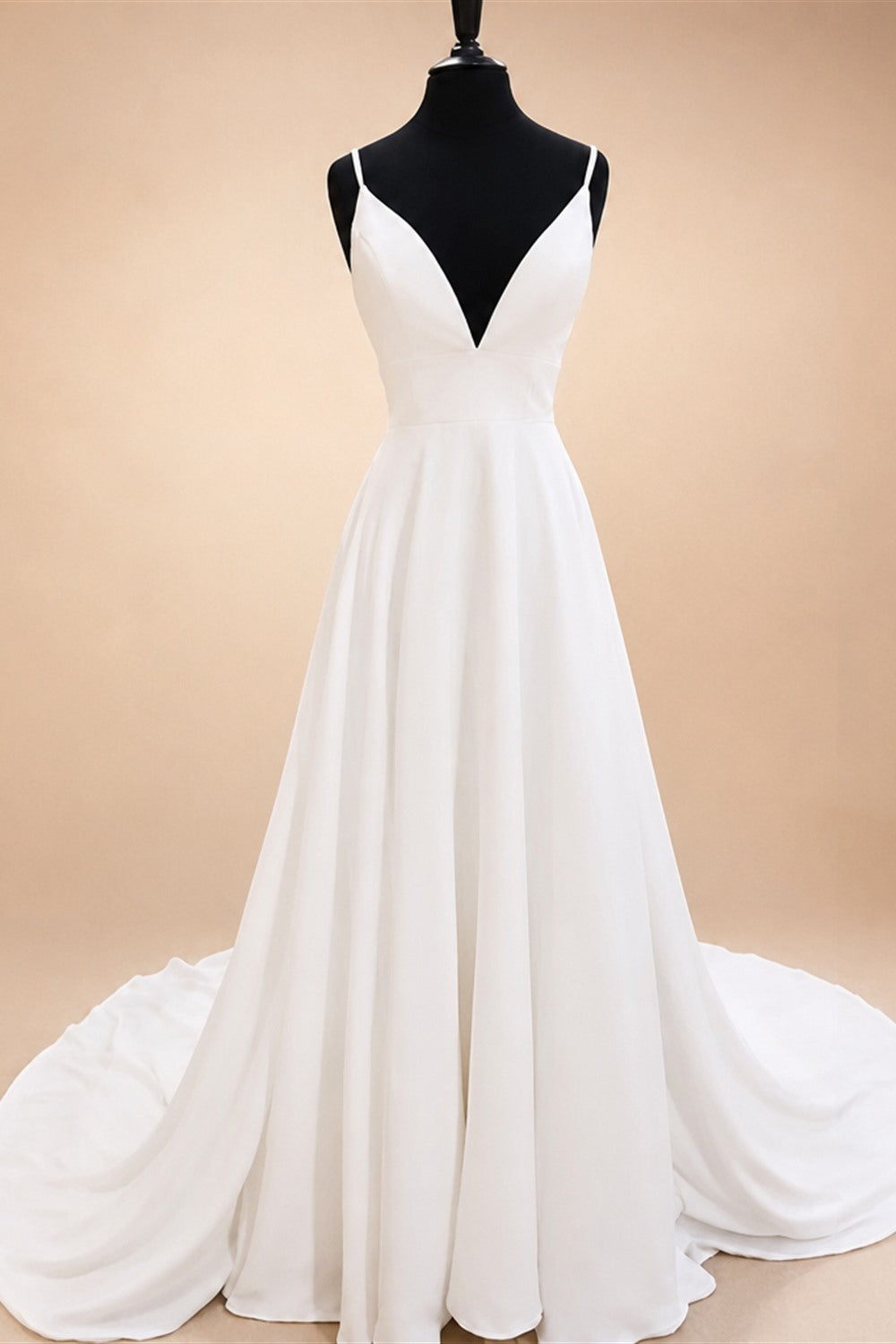 Elegant White Crepe Satin Spaghetti Strap A Line Wedding Dress