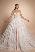 White Floral Lace Strapless Bridal Gown Sweetheart Neckline Front Button Ball Gown ZP011