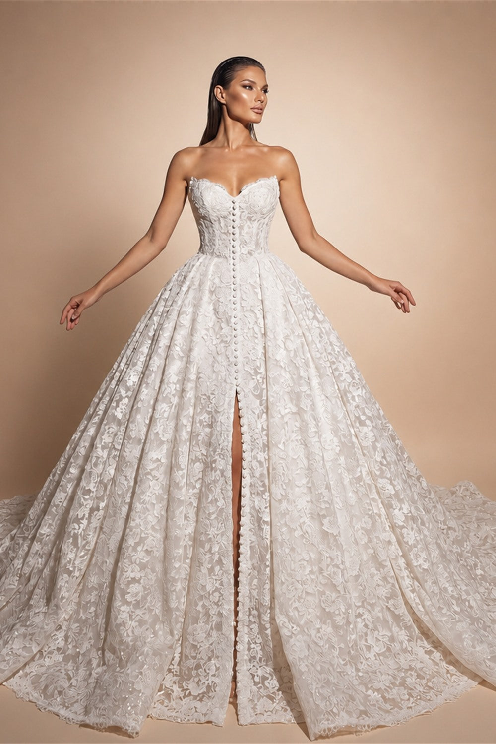 White Floral Lace Strapless Bridal Gown Sweetheart Neckline Front Button Ball Gown ZP011