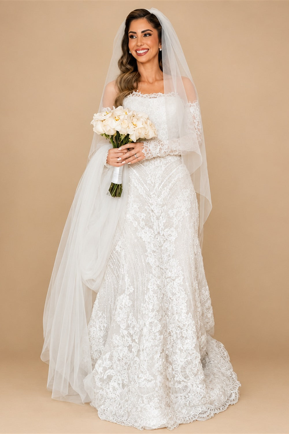White Beaded Lace Bridal Gown with Off Shoulder Long Sleeves ZP203