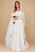 White Beaded Lace Bridal Gown with Off Shoulder Long Sleeves ZP203