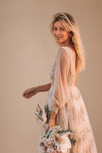 Customized Boho Lace Embroidered Long Sleeve Wedding Dress Deep V Neck and Flowy Lace Skirt for Beach Bridal Dress