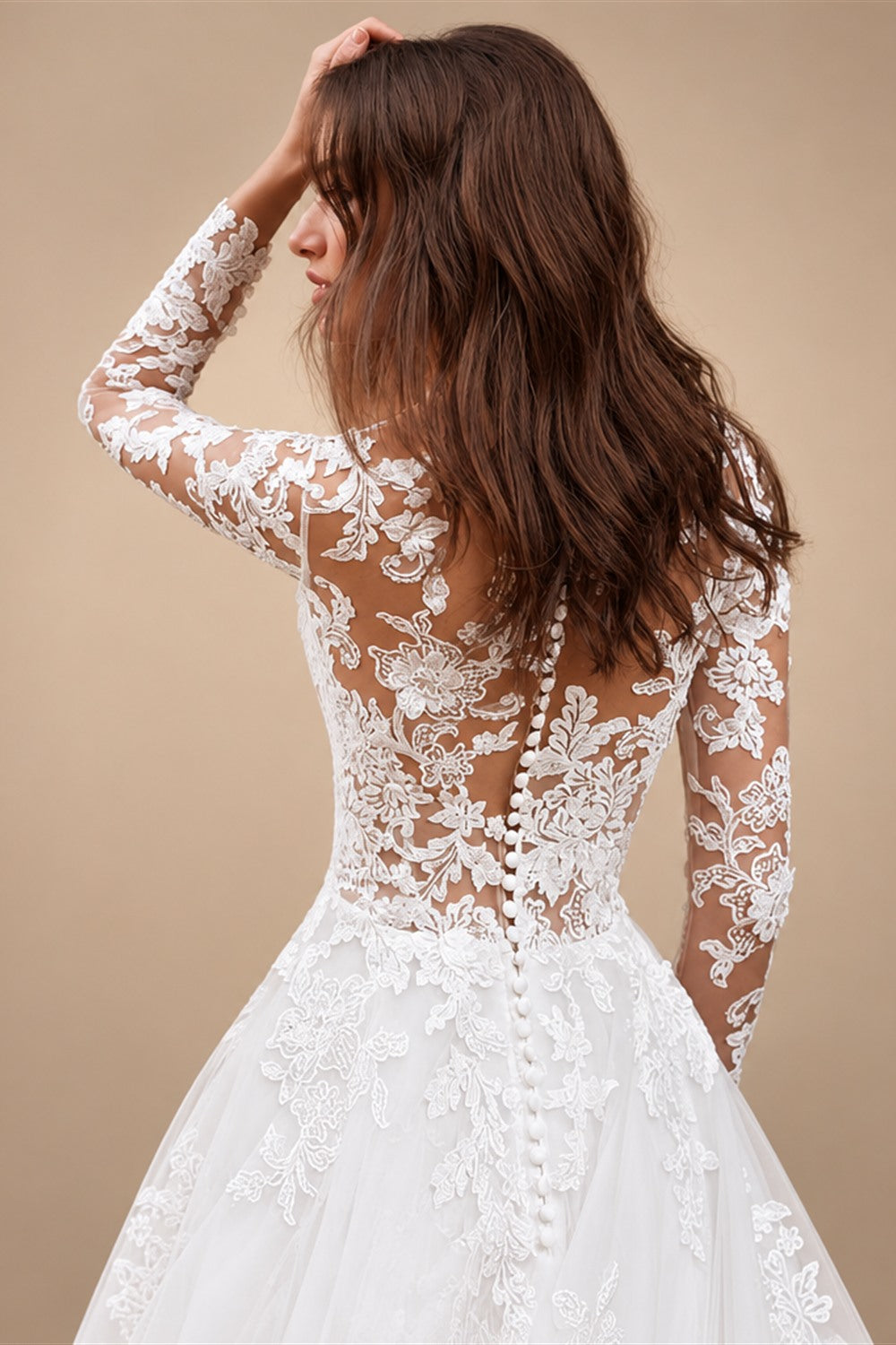 Attractive Tulle Jewel Neckline See-through Bodice A-line Wedding Dress With Lace Appliques & Beadings Long Sleeves Bridal Dress