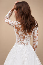 Attractive Tulle Jewel Neckline See-through Bodice A-line Wedding Dress With Lace Appliques & Beadings Long Sleeves Bridal Dress