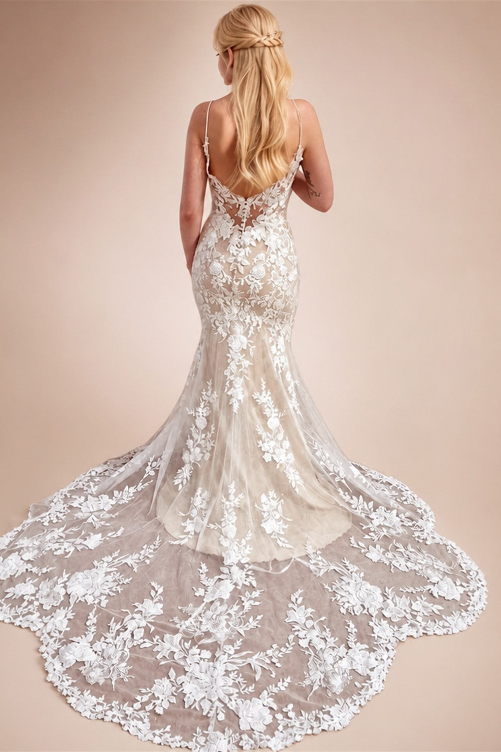 Custom Made Champagne Lace Mermaid Wedding Dress With Spaghetti Straps