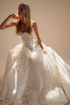 Vintage White Strapless Lace A-Line Wedding Dress with Scalloped Train ZP092