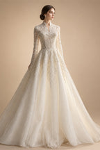 Luxury Sequin Pearl Long Sleeve Ball Gown Wedding Dress ZP186