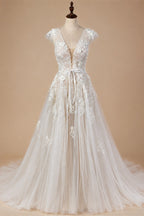 Elegant Ivory V-Neck Cap Sleeve A-Line Lace Tulle Wedding Dress ZP055