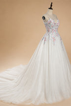 Glamorous White Floral Applique A-Line Tulle Wedding Dress with Train ZP066