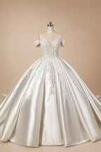 Luxury White Off-the-Shoulder Lace Satin Ball Gown Wedding Dress ZP069