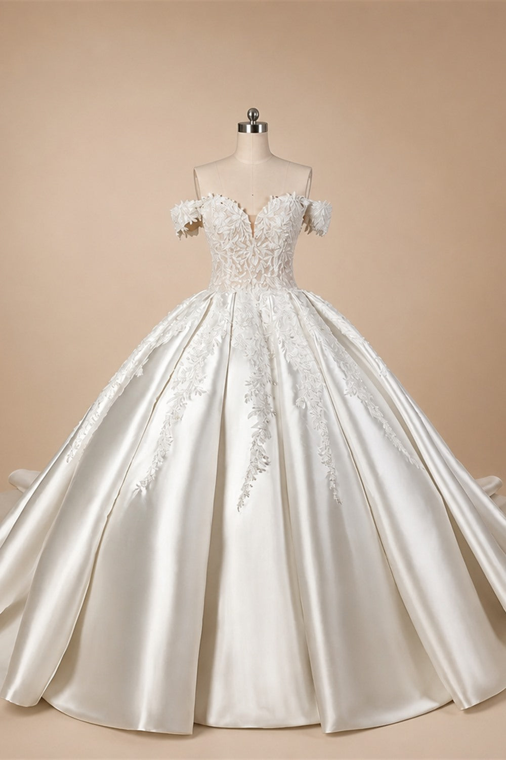 Luxury White Off-the-Shoulder Lace Satin Ball Gown Wedding Dress ZP069