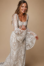 Boho Long Batwing Sleeves Lace Wedding Dress Drop Ship Customized Mermaid Rustic Beach 2026 Square Neck Open Back Bridal Gowns
