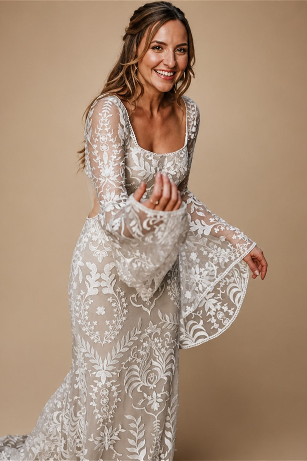 Boho Long Batwing Sleeves Lace Wedding Dress Drop Ship Customized Mermaid Rustic Beach 2026 Square Neck Open Back Bridal Gowns