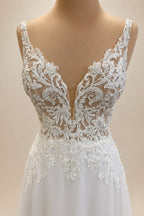 Custom Boho Chiffon Wedding Dress Long Open Back V Neck Lace Appliques Gown