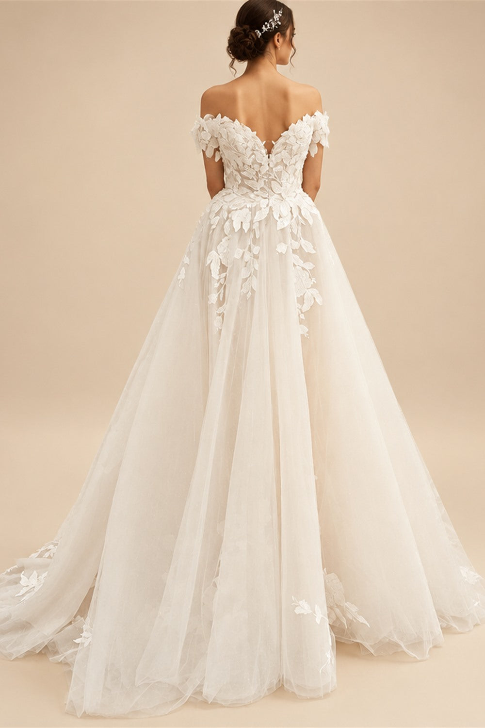 Custom Off Shoulder Wedding Gown With Lace Appliques And Cap Sleeve