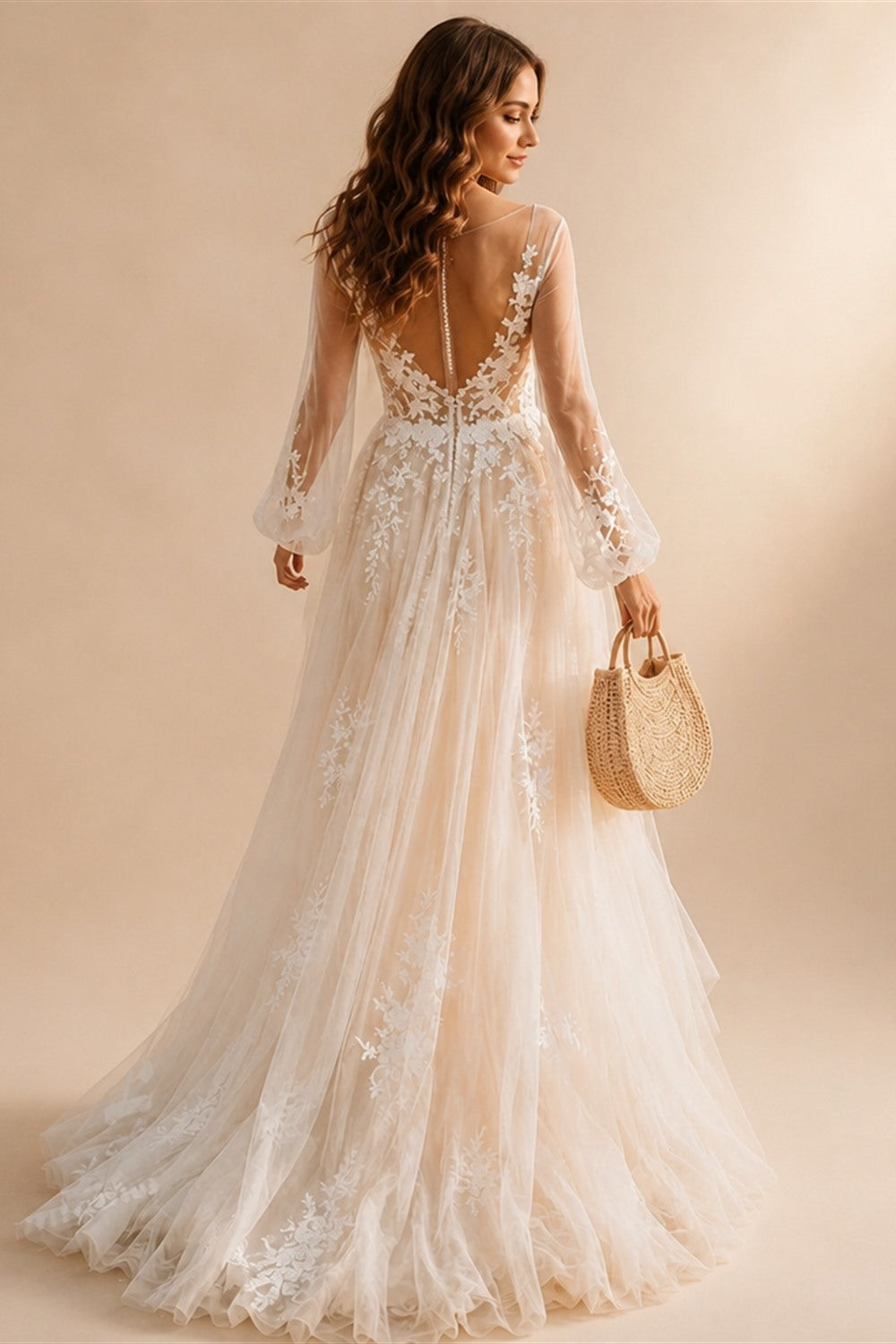 Romantic Puff Long Sleeve Boho Wedding Dress Low Open Back Tulle Bridal Gowns A Line Lace Applique Wedding Gowns Customized