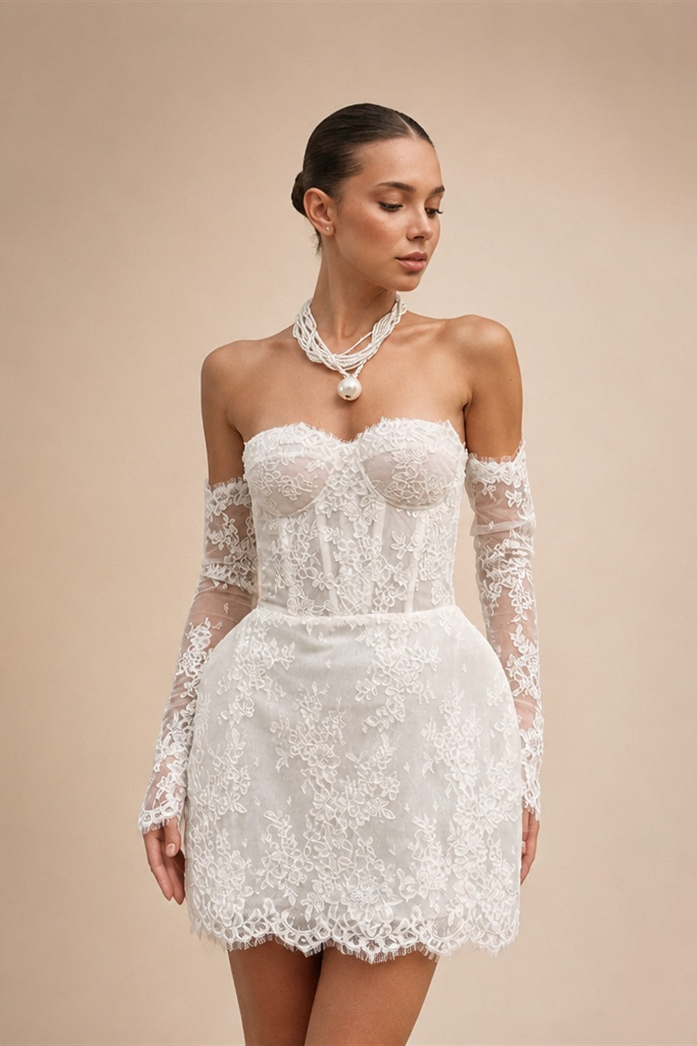 Glamorous A Line Wedding Dress Lace Strapless Removeable Sleeves Celebrate Bridal Gown Short Vestidos De Novia Customized
