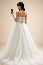 Sweetheart Strapless Ball gown Wedding Dress Lace Corset Bodice Satin Bow Waistband Pure Tulle Bridal Gown  Ivory Princess Bride