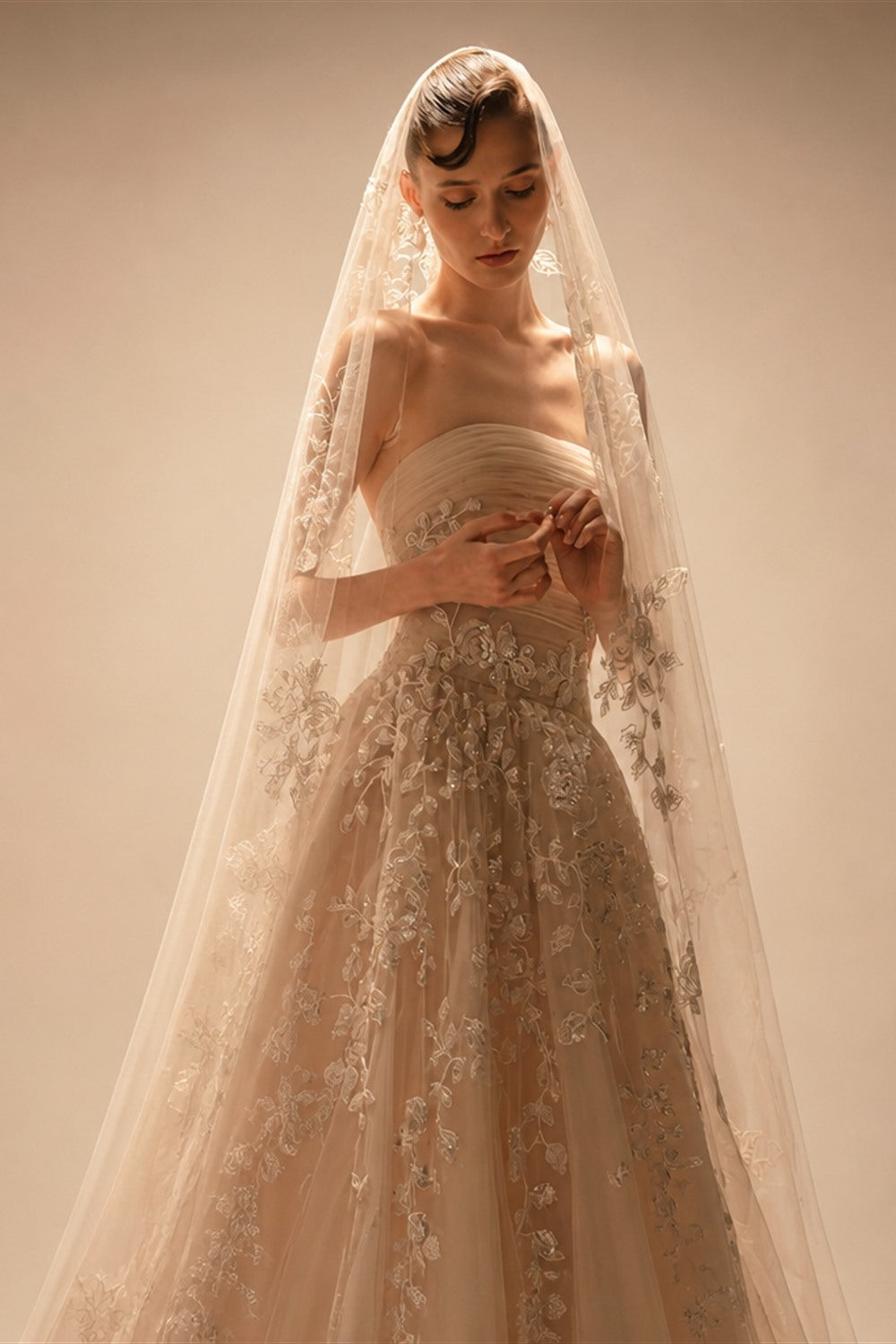 Romantic Champagne Strapless Floral Lace Tulle A-Line Wedding Dress with Veil ZP084