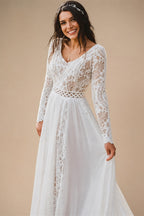 Beach Boho Wedding Dress Lace Long Sleeves Backless Floor Length Robe De Mariee Brides Chiffon A-line Bridal Gowns Sweep Train