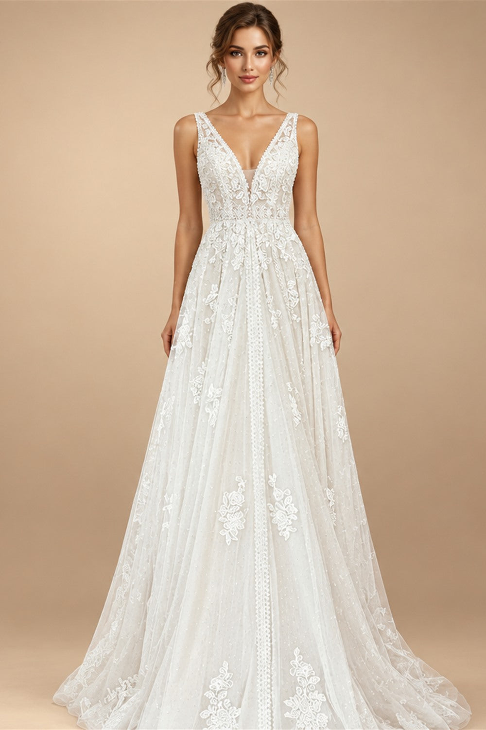 Boho Lace Applique Wedding Dress With Plunging V Neck For Beach Brides
