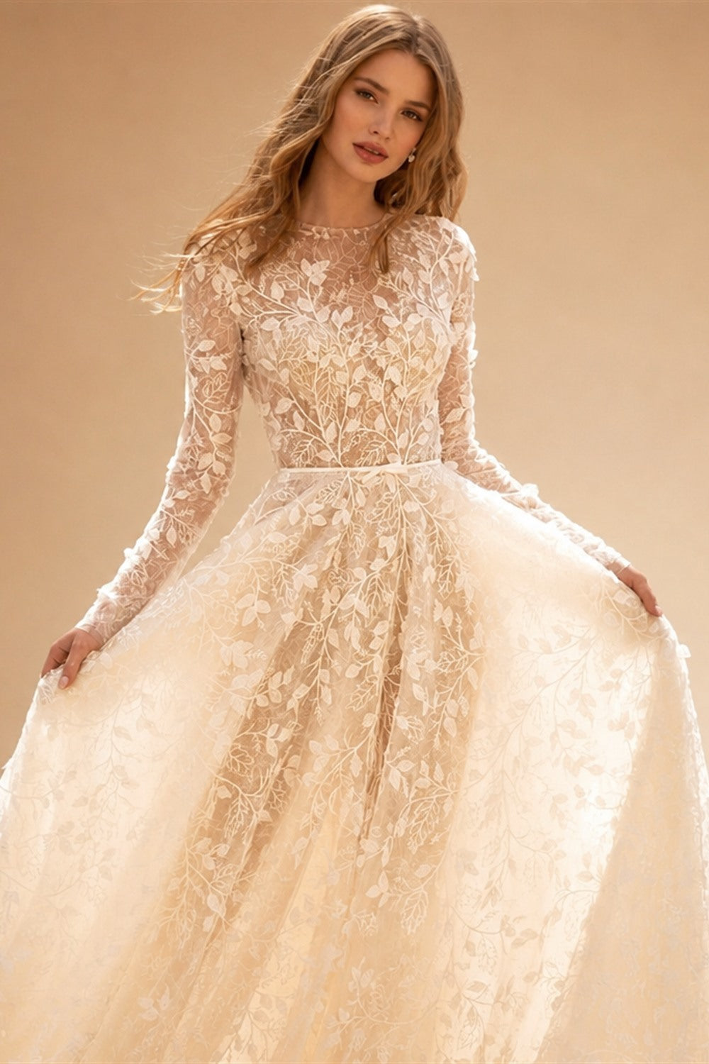 Aedmgh A-Line Boho Wedding Dresses O-Neck Long Sleeve Vestido De Novia Lace Appliques Pearls Sequined Custom Made Bridal Gown