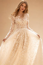 Aedmgh A-Line Boho Wedding Dresses O-Neck Long Sleeve Vestido De Novia Lace Appliques Pearls Sequined Custom Made Bridal Gown