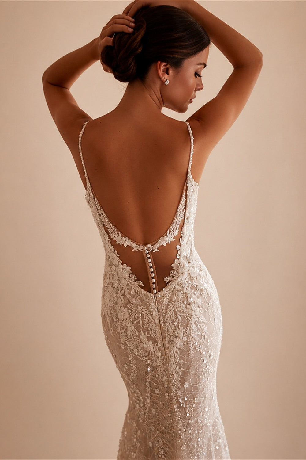 Sparkly Embroidery Beaded Lace Wedding Dress Sexy Deep V-neck Spaghetti Straps Bridal Gown Customized Mermaid Dresses For Bride