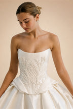 Luxury White Satin Strapless Beaded Ball Gown Train Wedding Dress ZP152