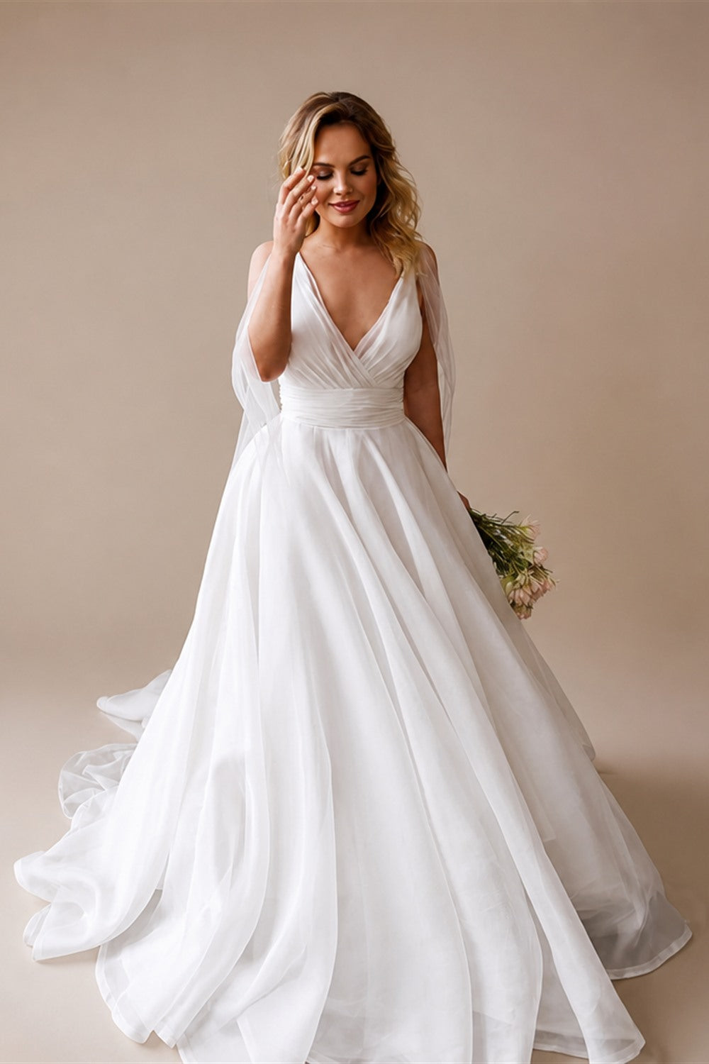 Customized Classic Deep V-neck Organza and Tulle Plus Size Wedding Dress Sexy Backless Court Bridal Gowns