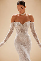 Lceland Poppy Customized Boat Neck Illusion Lace Mermaid Wedding Dresses Full Sleeves Beaded Bridal Gowns
