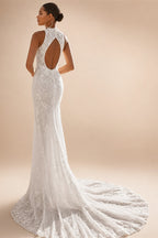 Exquisite Lace Mermaid Wedding Dress 2026 Tulle Detachable Train Bridal Gowns Halter Backless Wedding Gown Customized