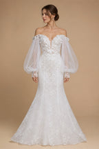 White  Off‑The‑Shoulder Puff Sleeve 3D Floral Mermaid Wedding Dress ZP005