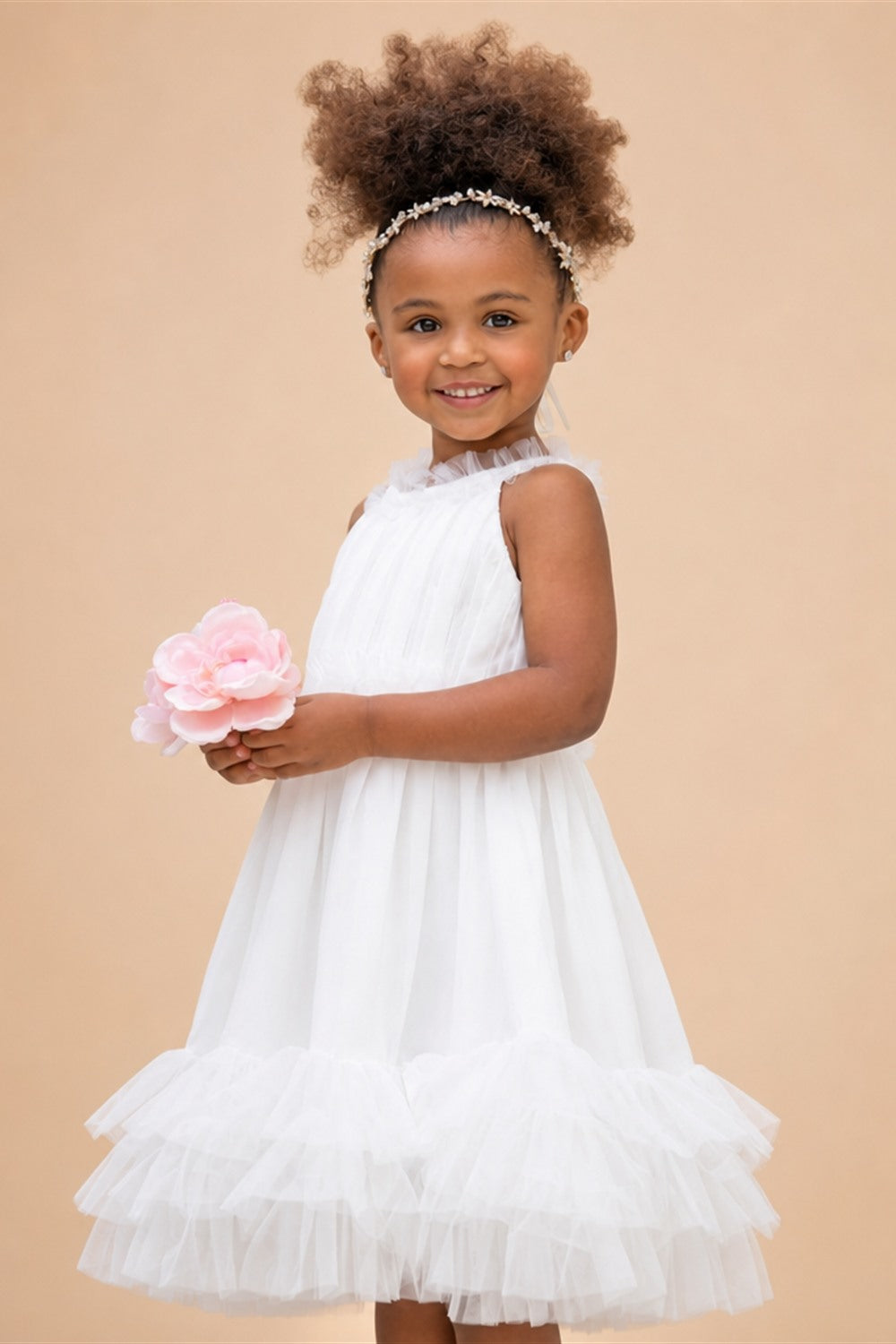 Ivory Chiffon Tulle Knee Length Sleeveless Ruffled Flower Girl Dress
