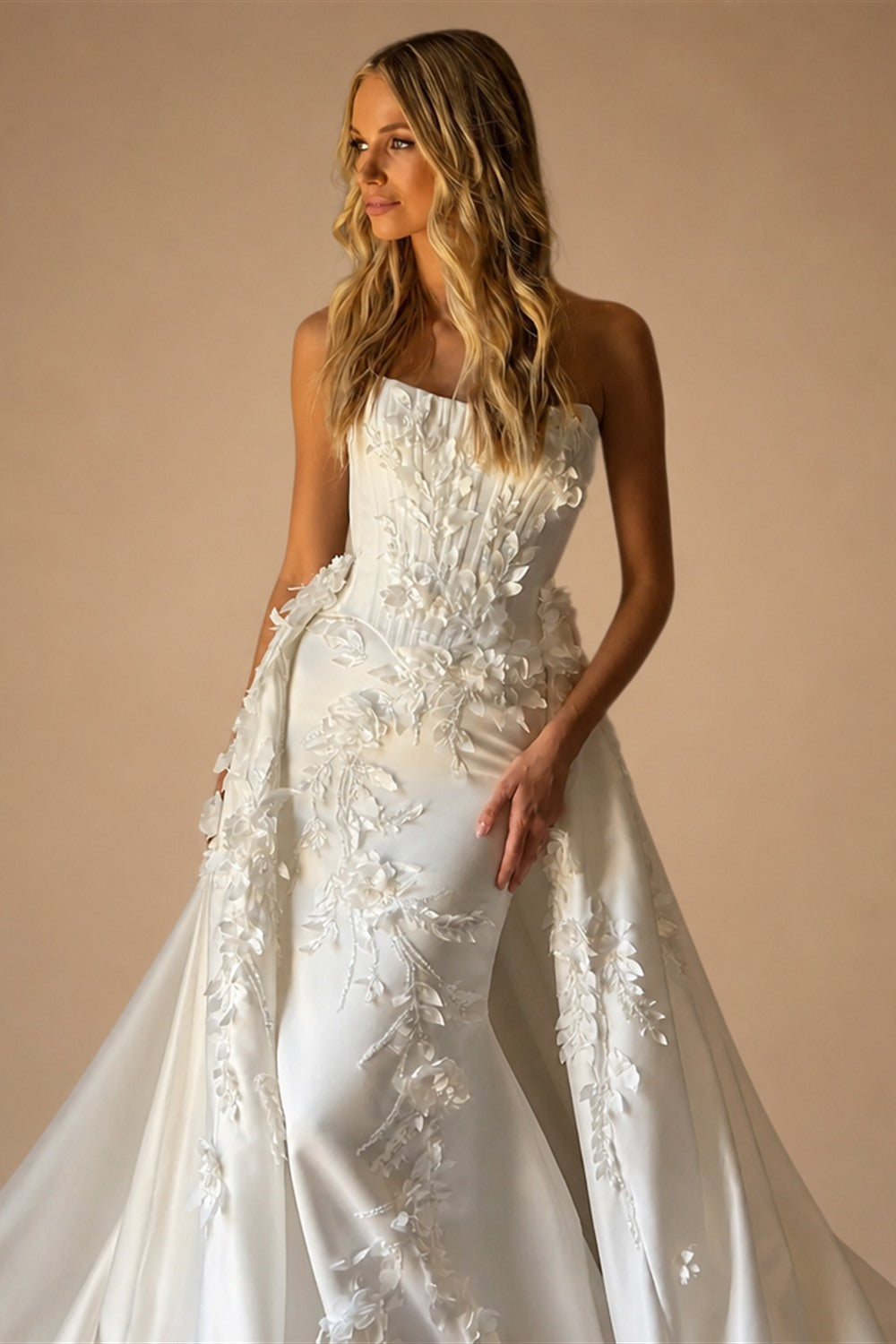 Romantic White Strapless 3D Floral Lace Mermaid Wedding Dress with Overskirt ZP090