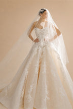 Luxury White Strapless 3D Floral Embroidery Train Wedding Dress ZP150