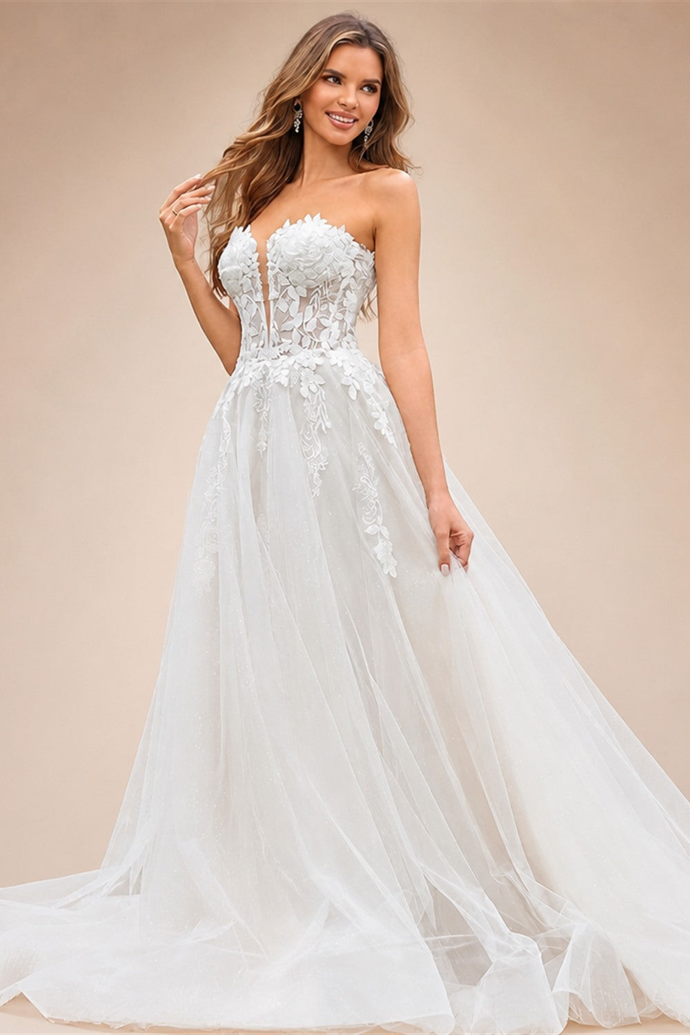 CHANDELA Elegant Lace Wedding Dresses Sleeveless Deep V-Neck Sparkly Bridal Gowns Sweetheart Wedding Gown for Women Customised