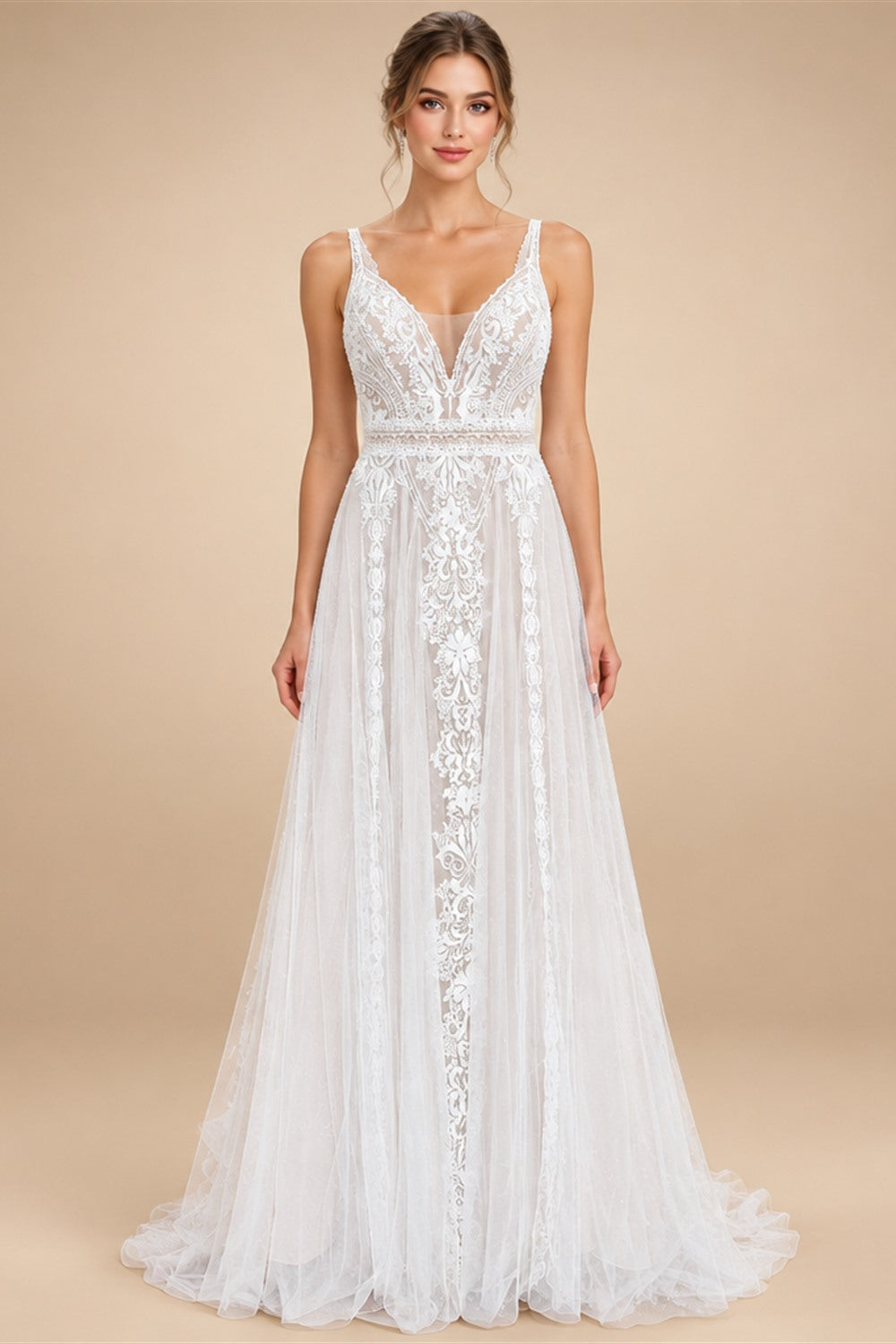 Custom Boho Lace Beach Wedding Dress V Neck Open Back Spaghetti Straps Gown