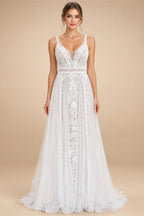 Custom Boho Lace Beach Wedding Dress V Neck Open Back Spaghetti Straps Gown