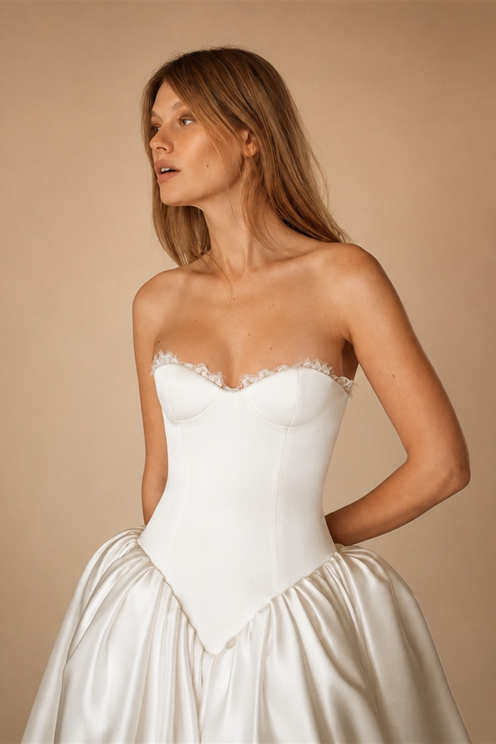 Minimalist Strapless Lace Trim Corset Satin Ball Gown Wedding Dress ZP043