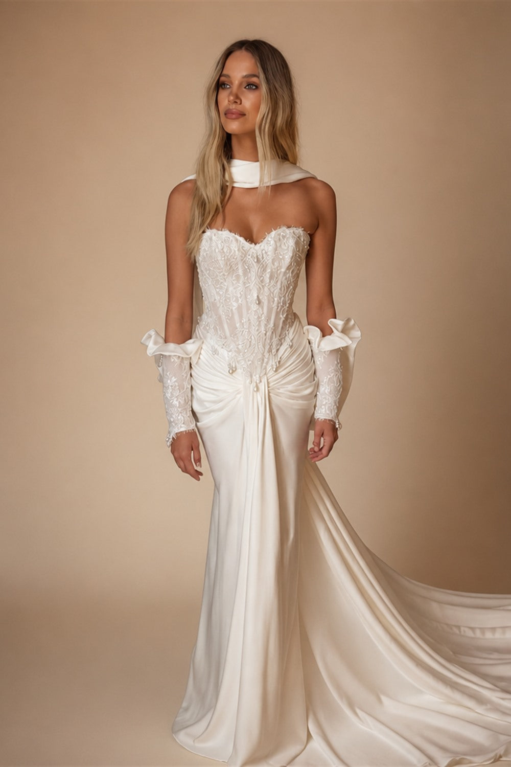 Modern White Strapless Satin High Slit Mermaid Wedding Dress with Scarf ZP093