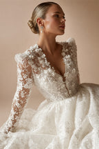 Luxury Lace Wedding Dress Vestido De Noiva Customized Long Sleeves V Neck Court Train A Line Bridal Gown Bride Dresses