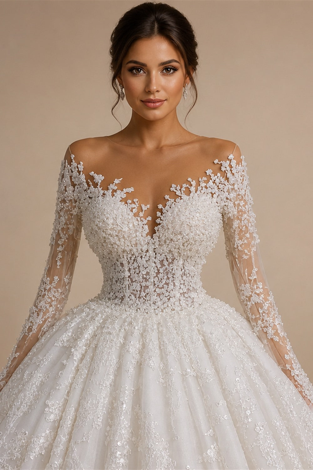 Alonlivn Elegant Silky Lace Of V-Neck Full Sleeve A Line Wedding Dress Beading Pearls Brown Skin Bridal Gowns