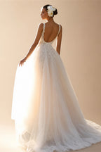 Romantic Deep V Neck Custom Bridal Gown With Floral Lace Sweep Train