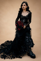 Black Luxury Gothic Wedding Dress 3D Floral Lace Tulle Sweep Train ZP026