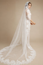 Customized Long Mantilla Veil with Eyelash Lace, 2.5m/3m Ivory Veil with Hidden Comb, Chantilly Eyelash Lace Wedding Veil