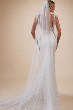 Customized Sexy Backless V Neck Spaghetti Straps Lace Mermaid Wedding Dresses Beaded Court Train Trumpet Vintage Bridal Gown