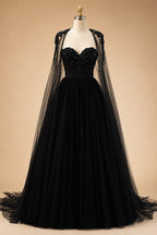 Black Luxury Gothic  Wedding Dress Beaded Tulle Ball Gown With Sheer Beaded Cape ZP028
