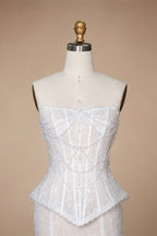 White Nude  Mermaid Wedding Dress Beaded Chain Detailing With Lace Train  ZP039